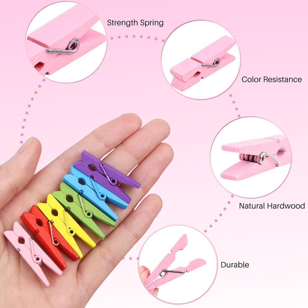 Clothesp, Small Clothes P for Photos, 1.4'' 100 PCS Natural Birchwood Mini Clothes P, Strong Springs Colorful Clothesp with Storage Bag, Mini