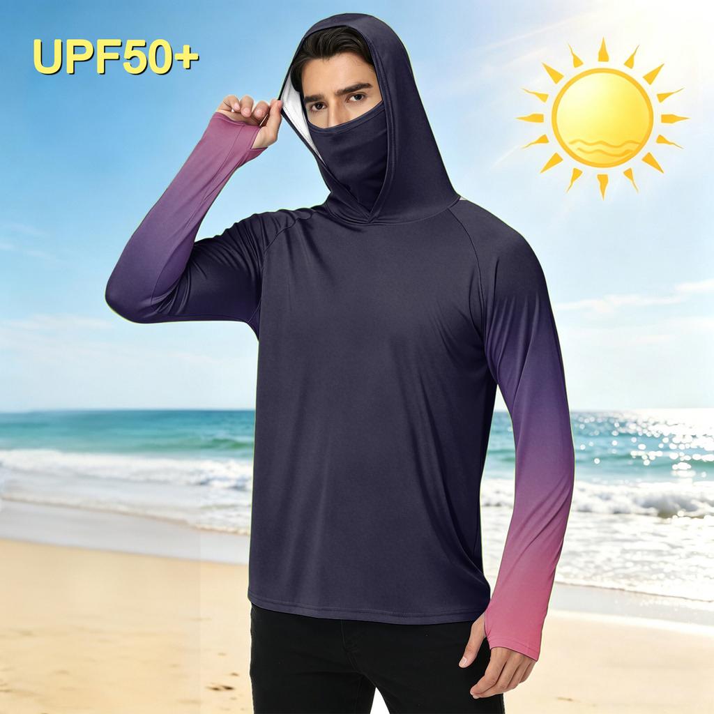 Men's Casual Outdoor Gradient Print Hooded Long Sleeve Sun Protection Shirt Lightweight Breathable UV Resistant Pullover Top