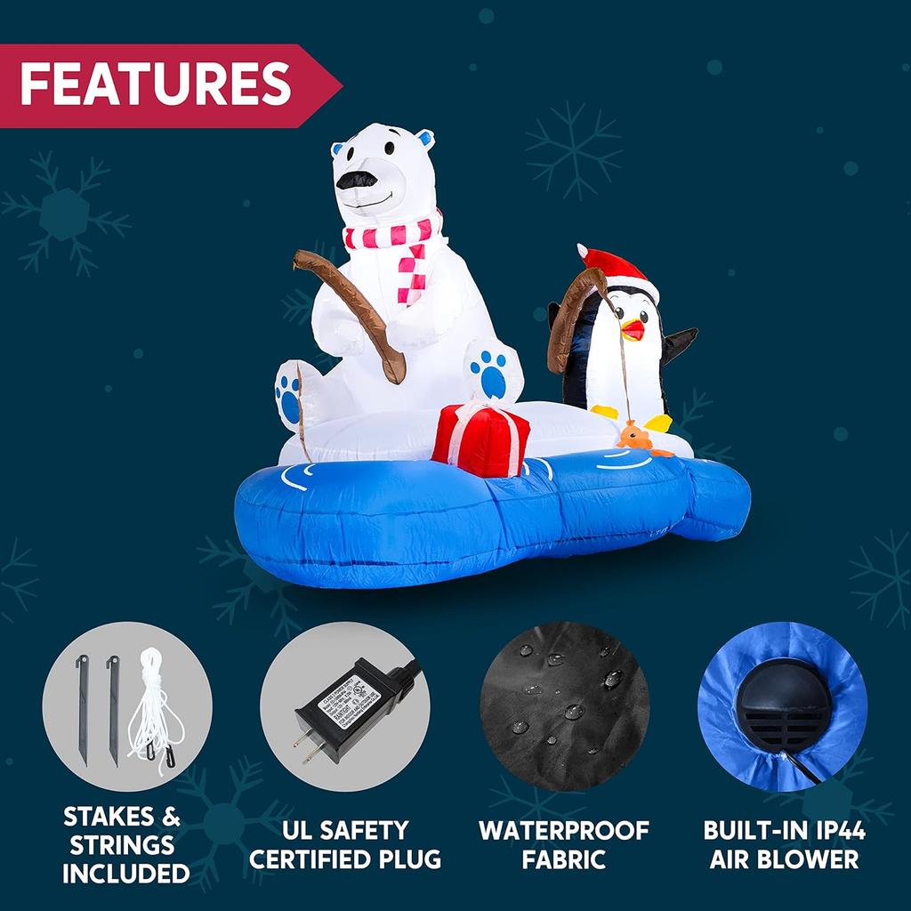 JOYFY 6 FT Long Christmas Inflatable Polar Bear Fishing with Penguin Decoration Blow Up Yard Decor Built-in LEDs for Christmas