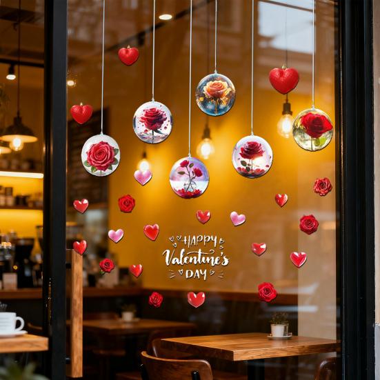 Valentine's Day Window Cling Removable Waterproof PVC Rose Flower Love Heart Static Glass Sticker Holiday Party Decoration Decal