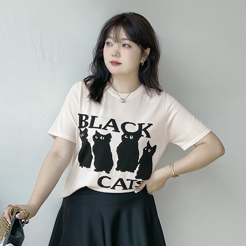 Sommer Damen T-Shirt Plus Size Rundhals Jacquard Katze Lose Kurzarm Tops