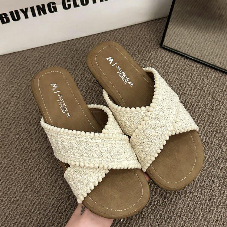 Ethnic Cool Slippers 2025 New Summer Vintage Woven Cross Bohemian Student Flat Bottom Flip