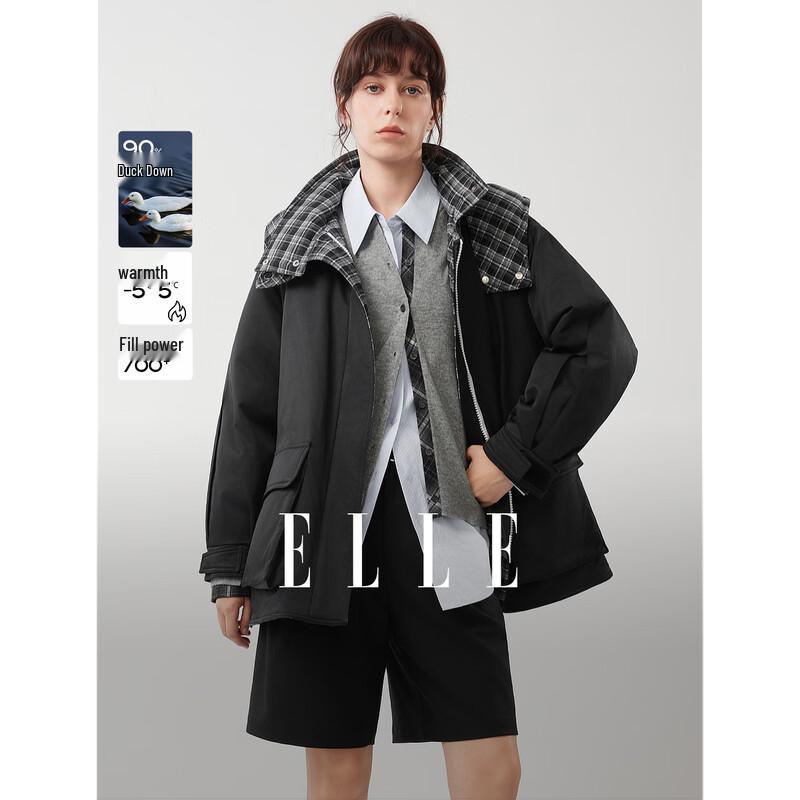 ELLE Women s Colorblock Plaid Hooded Down Jacket L
