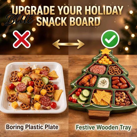 Festive Fruit Dish with Compartments Christmas Tree Serving Platter, Wooden Snack Tray for Holiday Parties, Multi-Compartment Food Display Creative