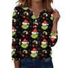 Women's Fashion Casual V-Neck Long Sleeve Decorative Button Christmas Print Top