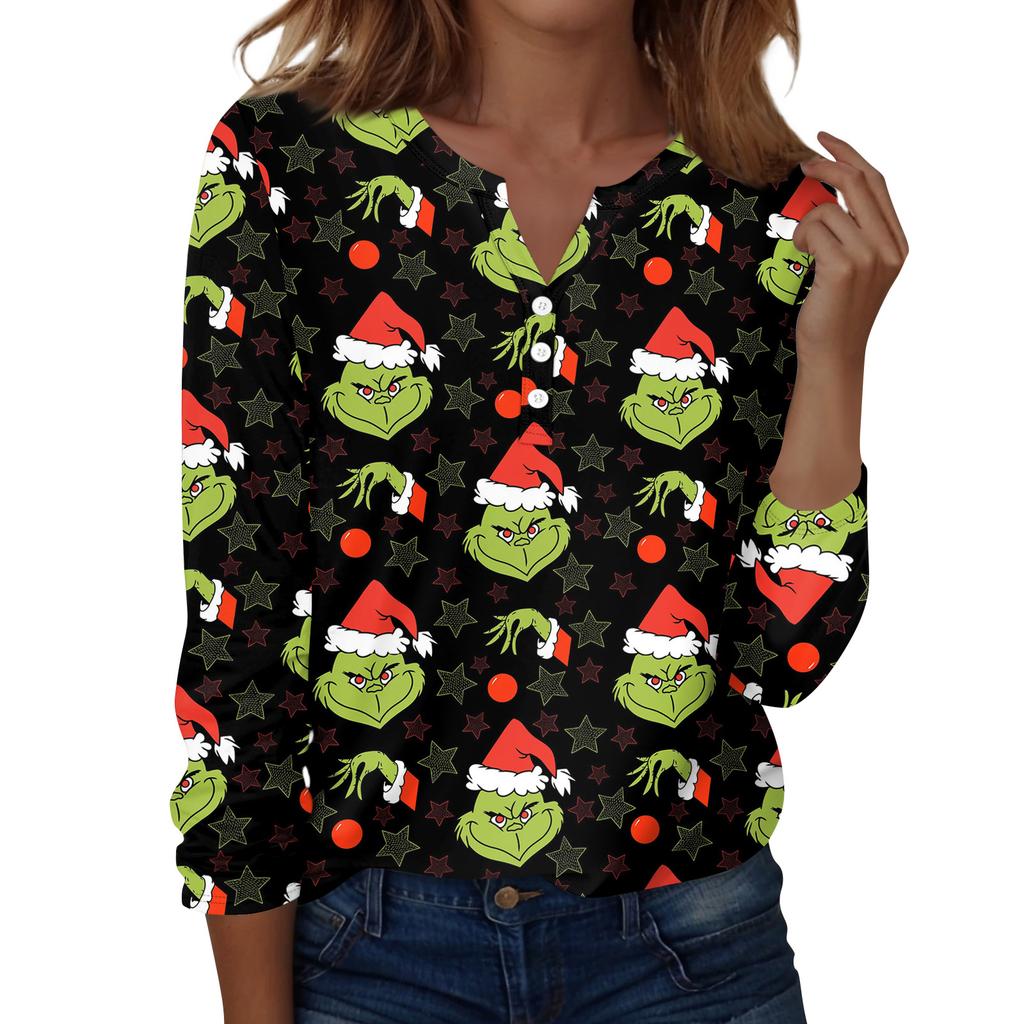 Women's Fashion Casual V-Neck Long Sleeve Decorative Button Christmas Print Top