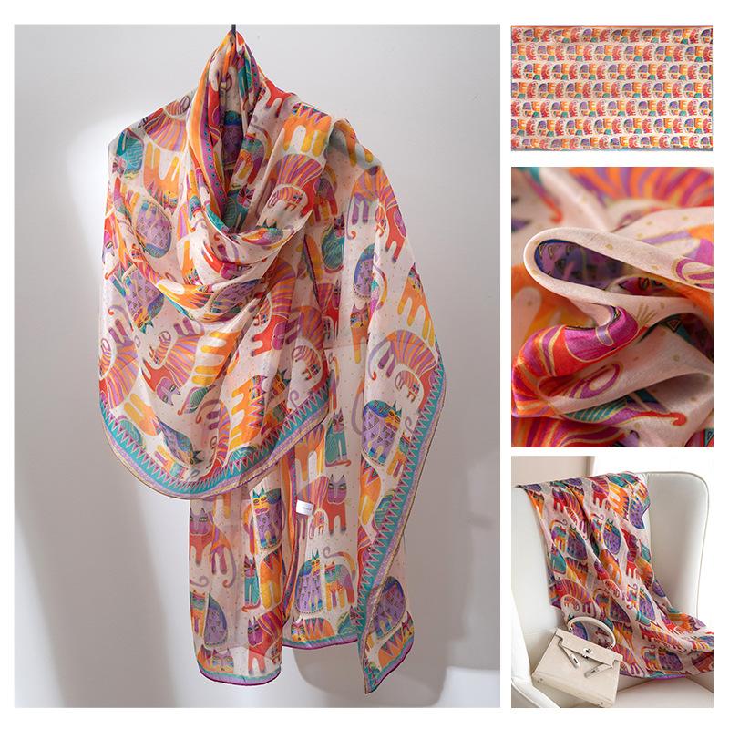 Long Strips of Silk Scarf  High-end Sense Mulberry Silk Scarf  Women's Fresh Small Floral Thin Style  Atmosphere  Big Shawl