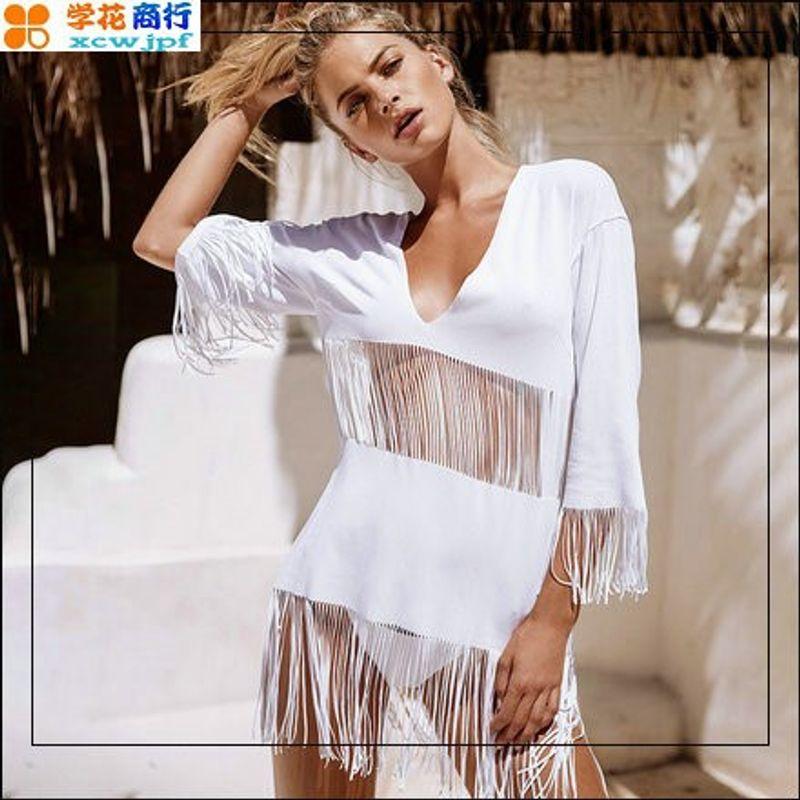 

Мода 2023 Новое поступление Солнцезащитная одежда Сексуальная бахрома Вырез Однотонный Купальник бикини Пуловер Блузка Рубашка для защиты от солнца Black All yards