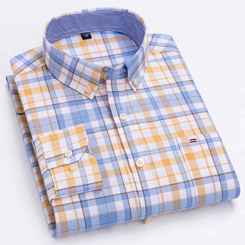 Cotton Men's Oxford Shirts Long Sleeve Casual Plaid Soft Regular Fit Formal Dress Shirt Social Blouse Male Clothes