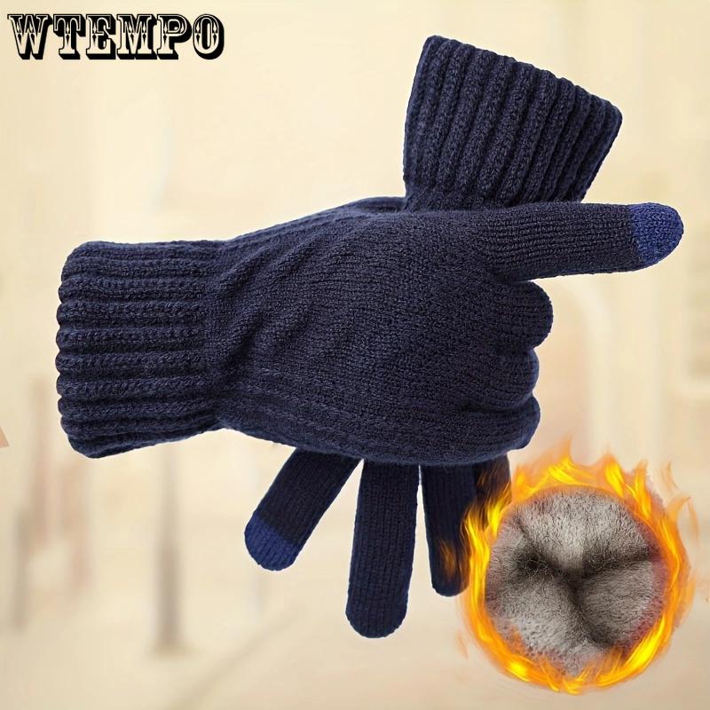WTEMPO 1Pair Men's Winter Knitted Cold-proof Windproof Full Finger Gloves Touch Screen Fleece Warm Outdoor Cycling Gloves