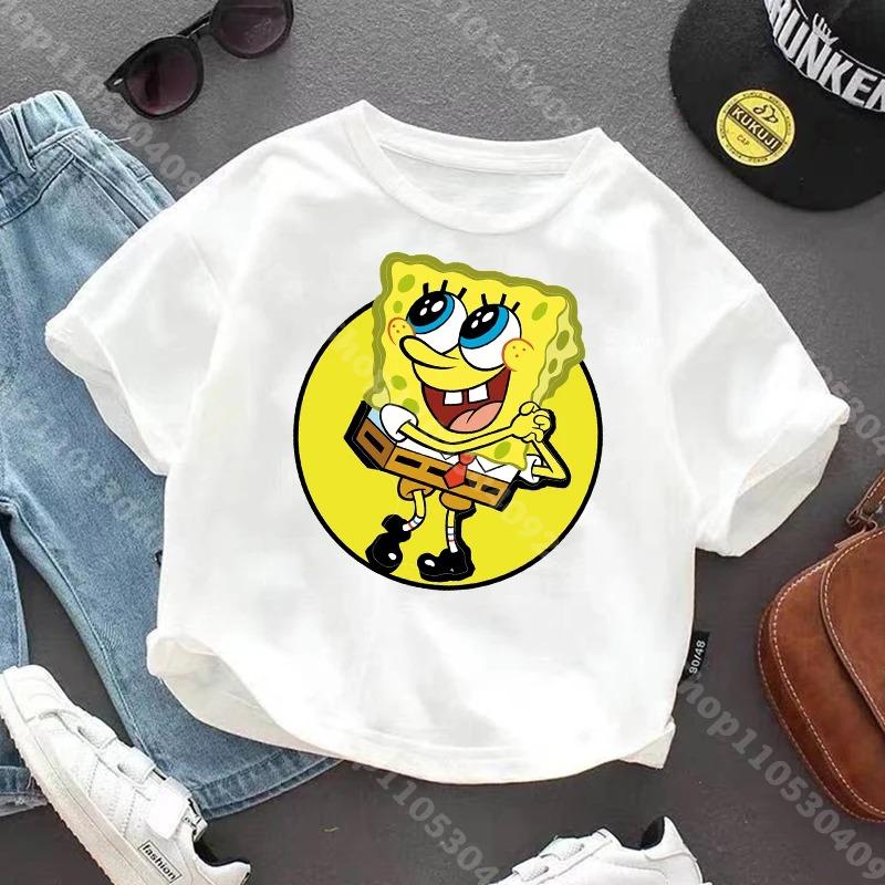 Shortsleeve Tshirt for Children of SpongeBobcotton Jersey with Anime Character Print Casual Summer Tshirts with Round Neck