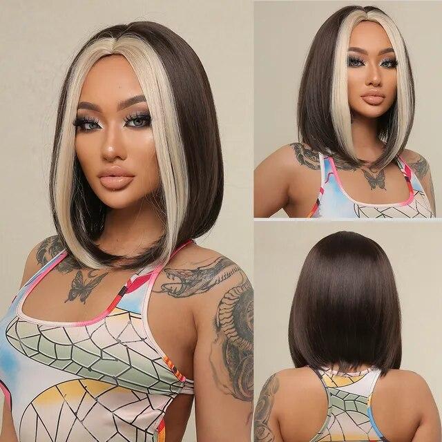 Purple Pink Ombre Black Short Straight Synthetic Wigs with Bangs Bob Wig for Women Daily Cosplay Party Heat Resistant Fake Hairs