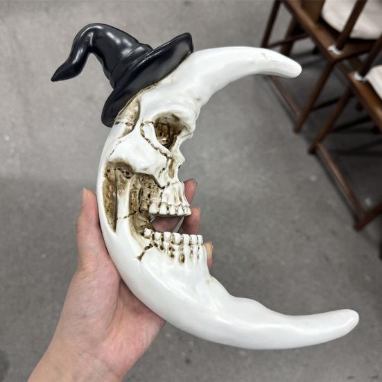 Skull Crescent Pendant Halloween Moon Hanging Decoration Gothic Resin Moon Pendant Wearing Wizard Hat for Wall Door Porch Decoration