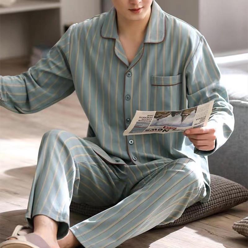 Men's Loose-Fit Pure Cotton Pajama Set: Long Sleeve Cardigan & Pants for Spring/Autumn