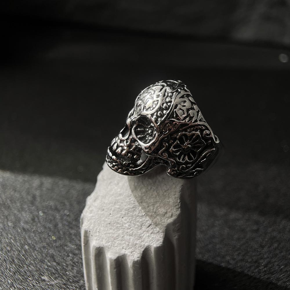 Anel de Caveira Floral Retrô para Homens Punk Gótico Anel Aberto Ajustável Biker Rock Hiphop Streetwear Acessórios Unissex Presente