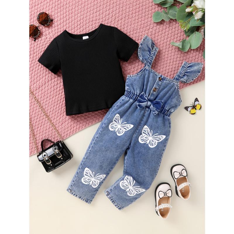 2pcs Set Of Elegant, Sweet, And Cute Little Girl'S Neat Color Pit Stripe T-shirt And Butterfly Print Ruffled Denim Jumpsuit Suitable