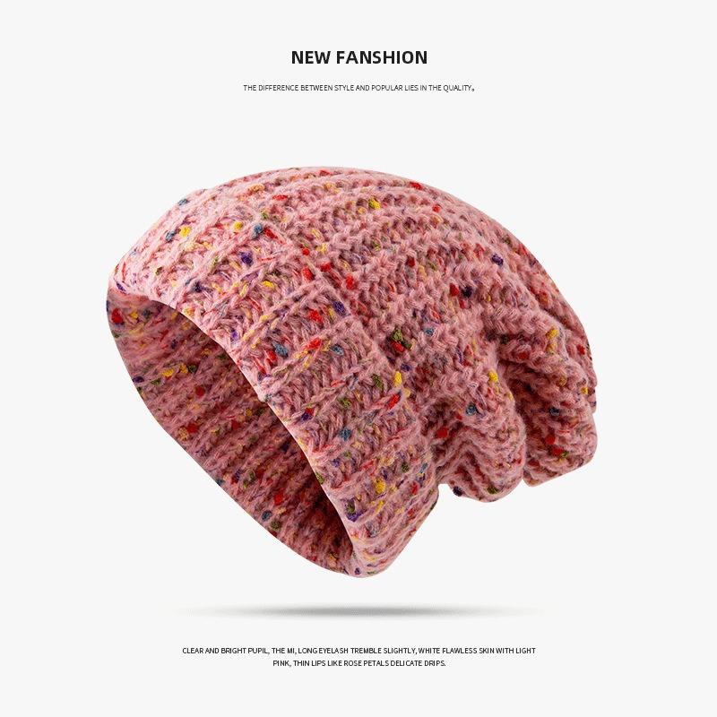 Versatile Wool Hat Women's Big Head Circumference Showing Face Small Pile Hat Autumn and Winter Mixed Color Warm Knitted Pullover Hat