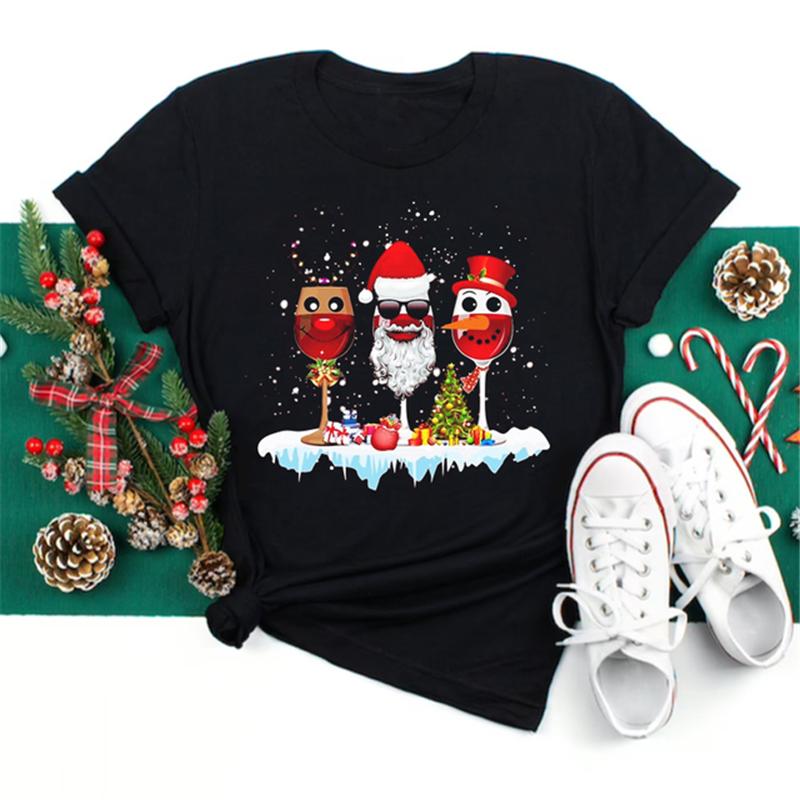 

Happy Merry Christmas Cartoon 90s Clothes Women Christmas Wine Glass Black T Shirt Cute Holiday Winter Year Tshirt 3XL чорний