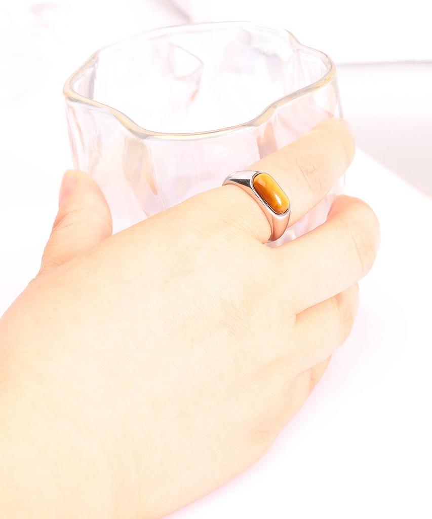 European and American 8MM Stainless Steel Ring with Inlaid Natural Stone - Versatile Retro Fashion Finger Ring