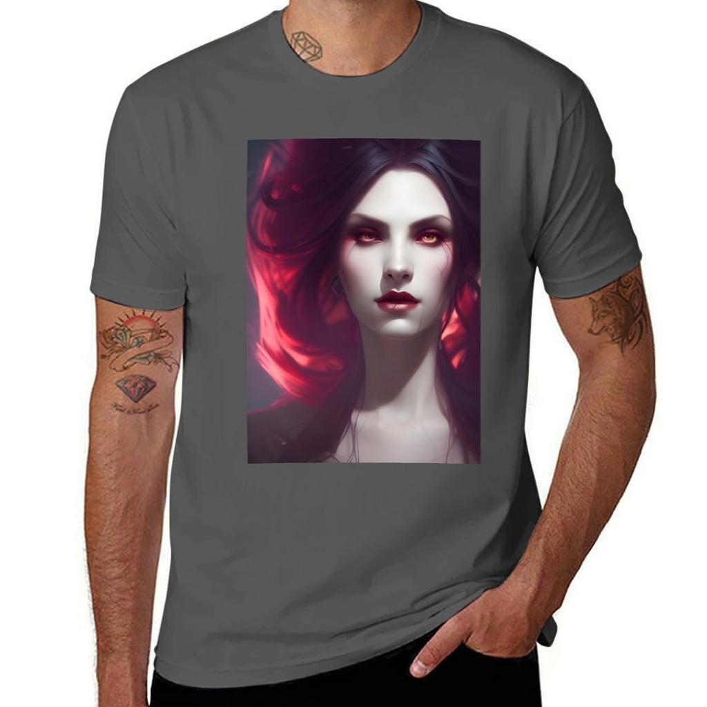 Sexy Brünette Vampir Verführerin Kunstwerk T-Shirt Einfaches Lässiges Kurzarm Baumwoll-T-Shirt