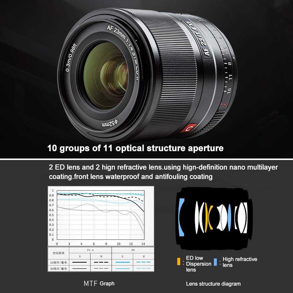 Viltrox 23mm Large Aperture Prime Noiseless Stepping HD Nano Multilayer Compact Metal Water 10 11 Elements X f1.4 Lens, STM, Motor, Coating, Body,