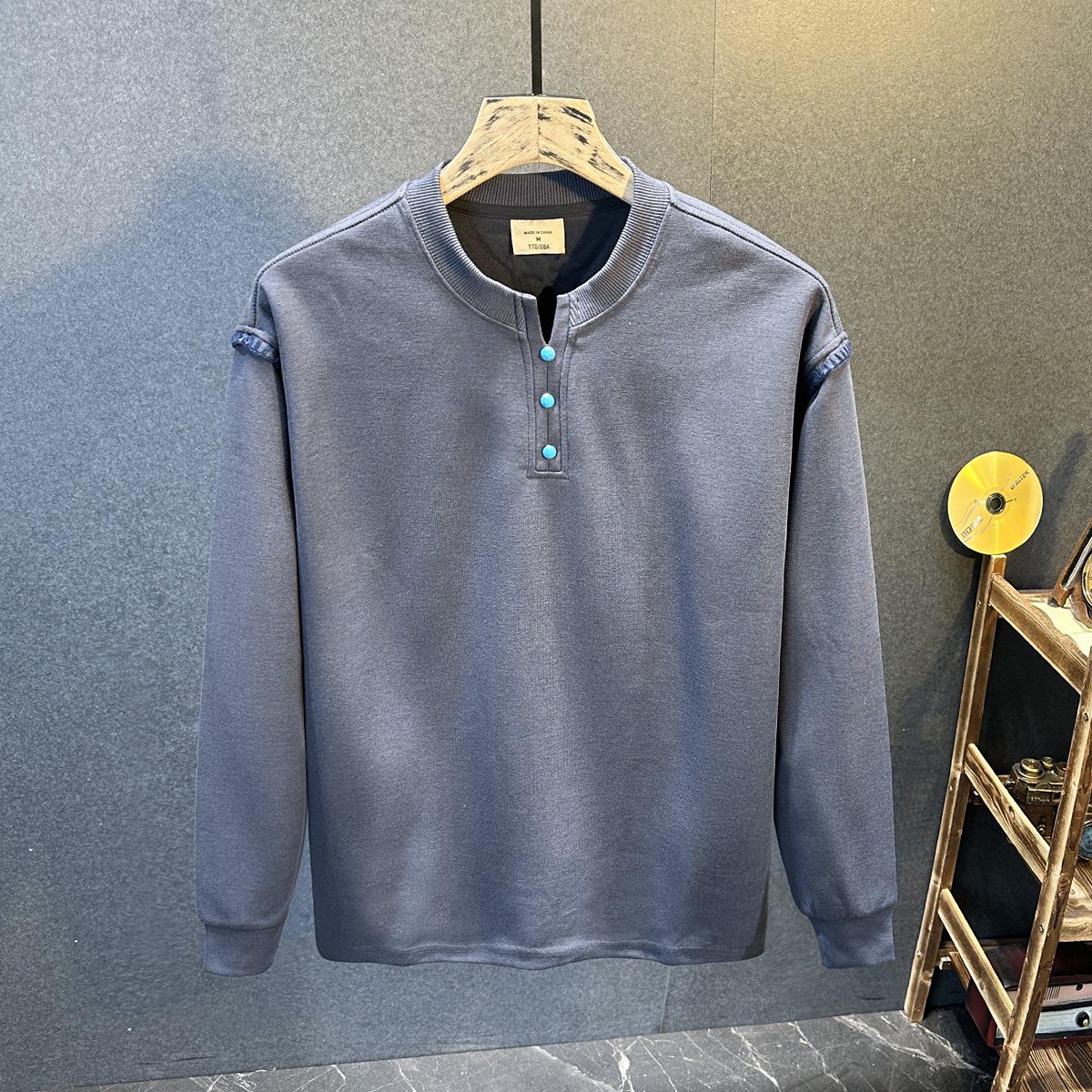 Men s Winter Retro Henley Collar Hoodie – Trendy Long Sleeve Casual T-shirt M темно-серого