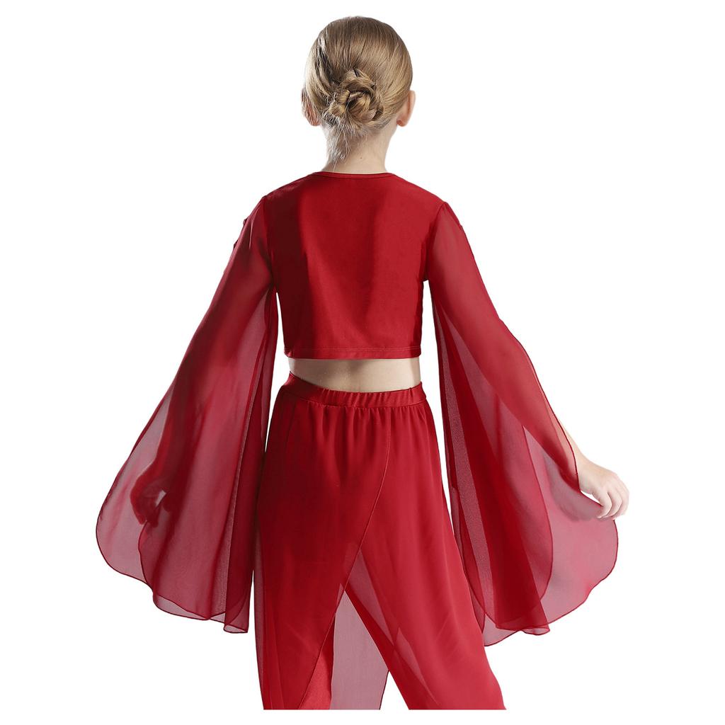 Girls Classical Dance Crop Top: V Neck Split Flared Sleeves Elegant Top for Practice Performance