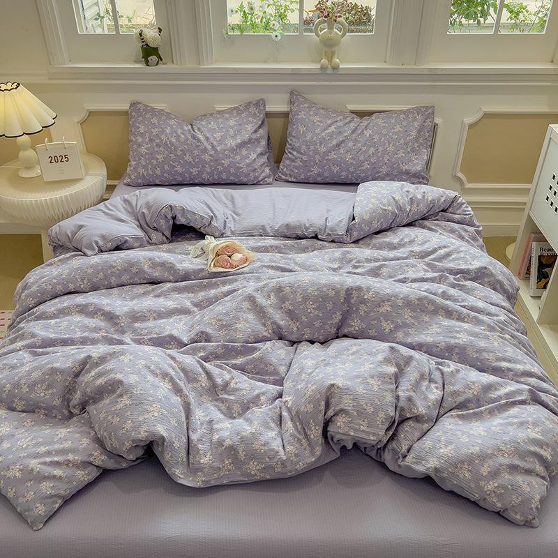 Cream Wind Double Yarn Bedding Four-piece Set Skin-friendly Breathable Washed Sheets Quilt Cover Pillowcase