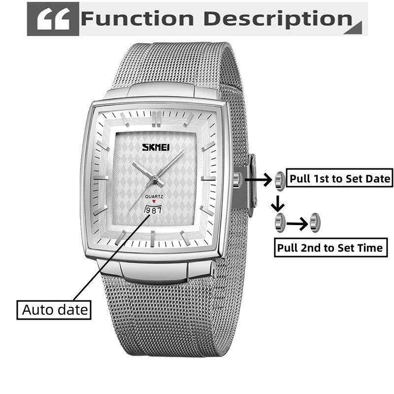 Skmei Analog Quartz Calendar Watches Original Brand Stainless Steel Mesh Strap Mens Fashion Waterproof Wristwatch with Luminous