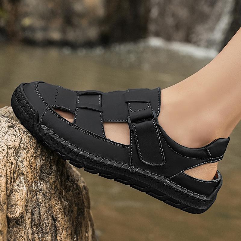 Summer Men's Leather Beach Sandals Pure Handmade Mens Closed Toe Sandals