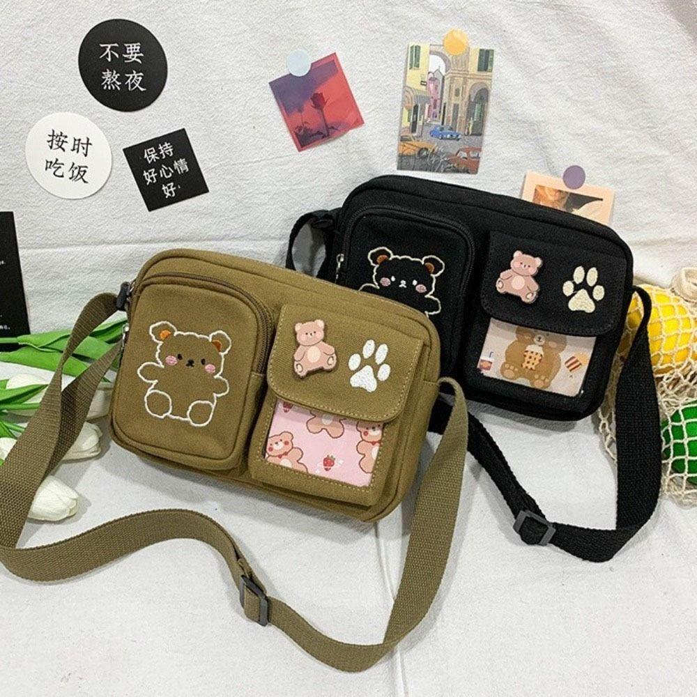 Embroidery Bear Transparent Itabag Solid Color Shoulder Bag Cute Canvas Shoulder Bag Student