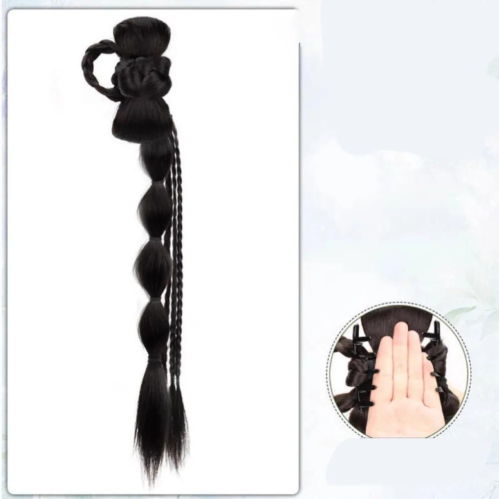 Synthetic Ponytail Bubble Braid Wig Hanfu Cheongsam Side-tie Ball Head Clip-on Twisted Braids Extension Simulated Flower Bud