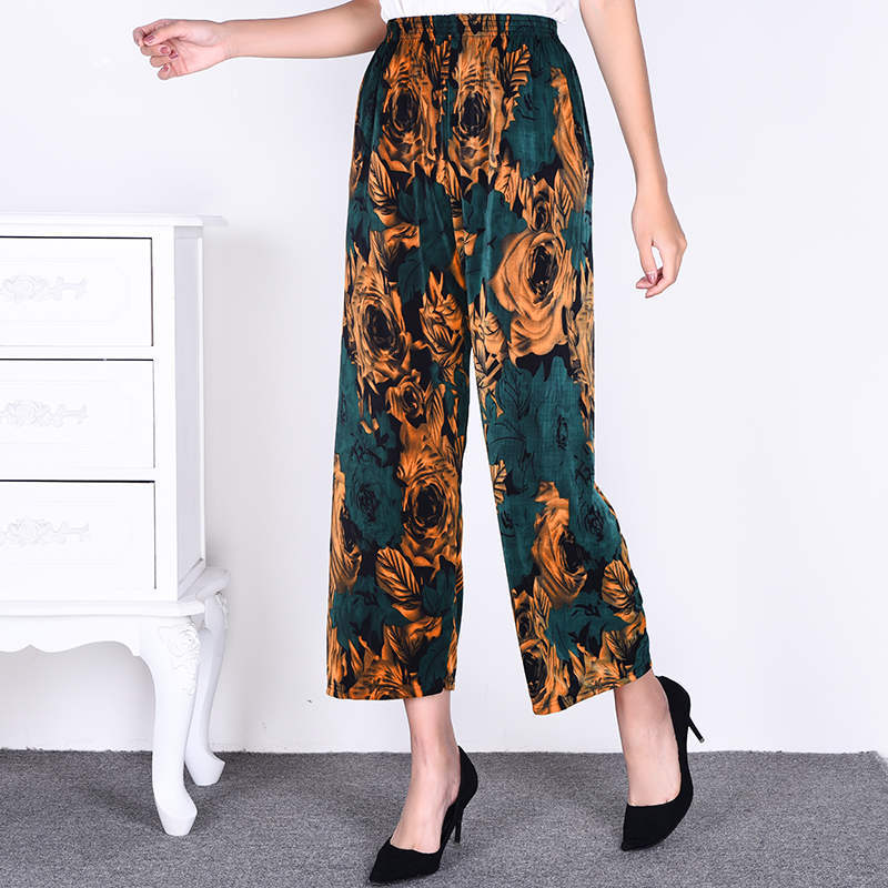 Pantaloni largi din mătase de gheață de vară pentru femei, cu imprimeu floral, pantaloni tăiați ocazional, elastici cu talie înaltă, de dimensiuni mari