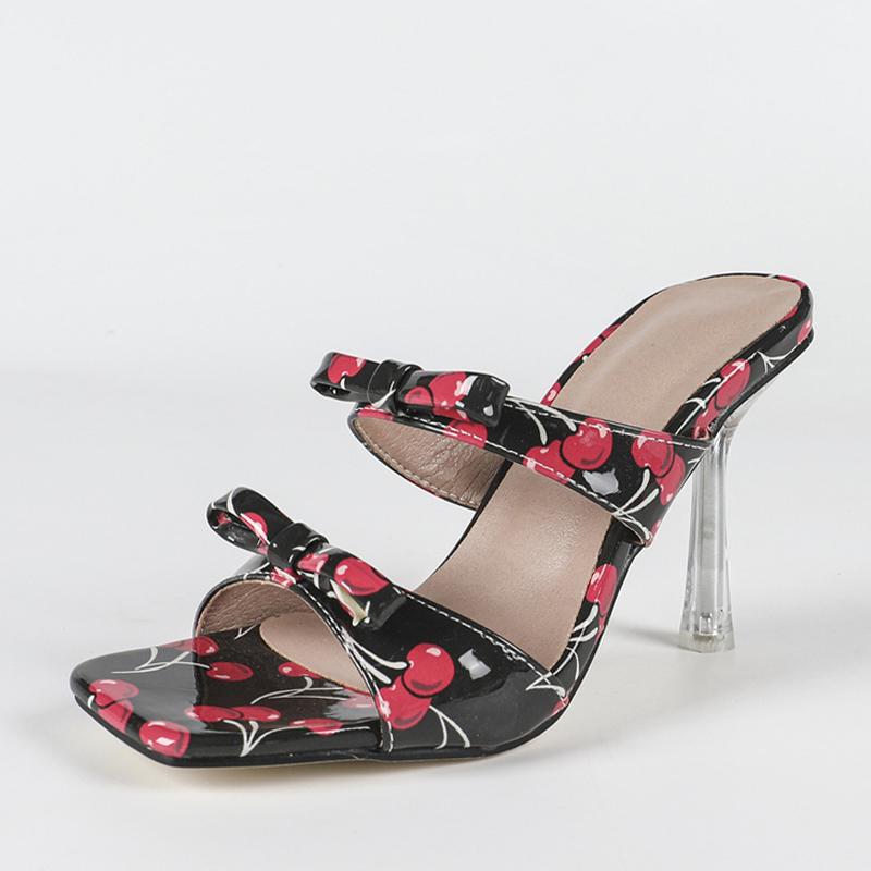 Size 35-46 Black Green Shoes For Women Summer Fashion Fruits Butterfly-Knot Square Toe Transparent Heels Slippers Sandals