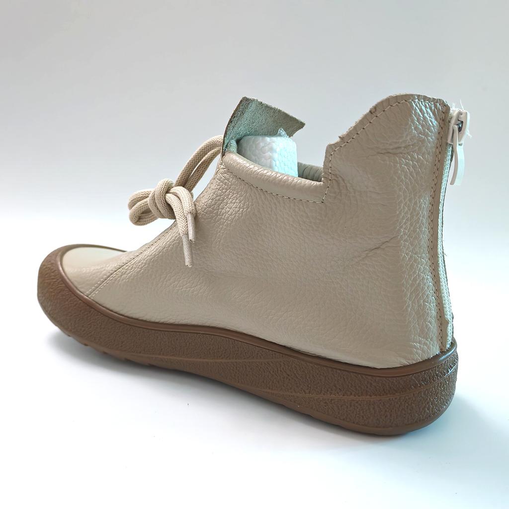 Genuine Leather Shoes Women Ankle Boots Cow Leather Short Booties Zip Flat Non-slip Casual Soft Shoes Elegant Beige Plus Size 41