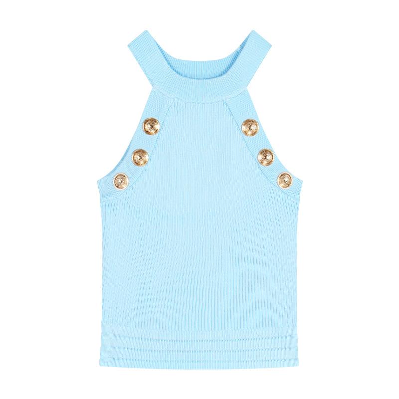 Gebreide nekband vest dames zomer blauw dun slank pasvorm sexy buitenlaag bottoming shirt top trendy
