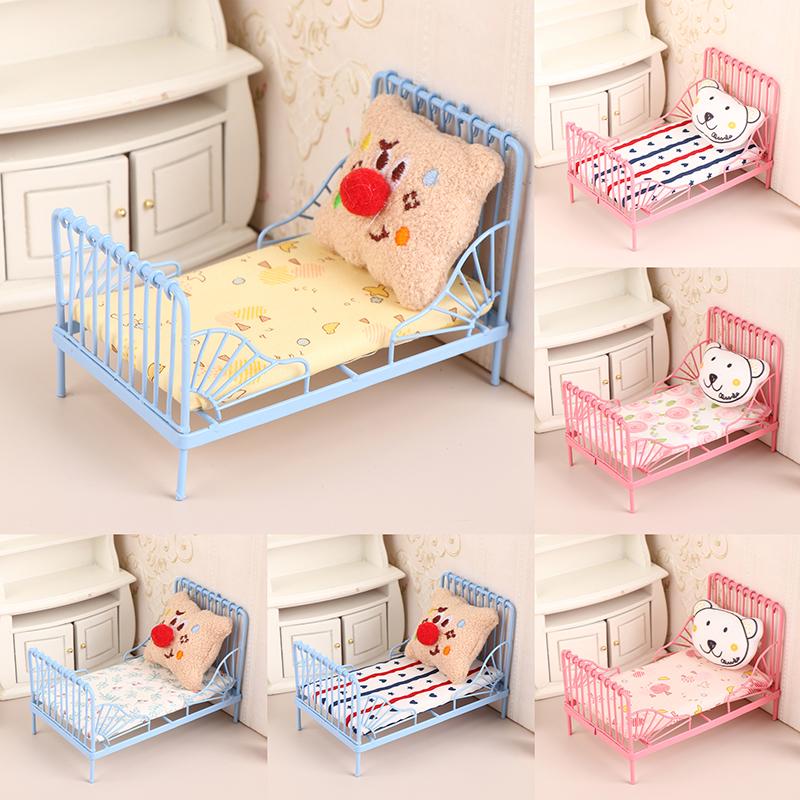 1Set 1:12 Dollhouse Miniature Iron European Bed With Mattress Bear Pillow Furniture Bedroom Decor Toy Doll House Accessories