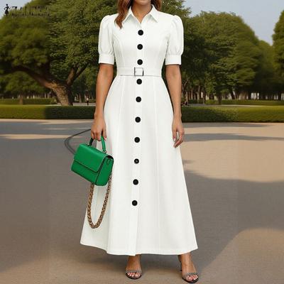 Women Turn Down Collar Summer Short Sleeve Long Dress