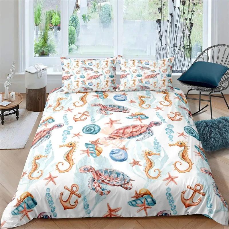 Seahorse Duvet Cover Marine Ocean Animal Print Bedding Set Mediterranean Teal Theme for Kids Women Gifts