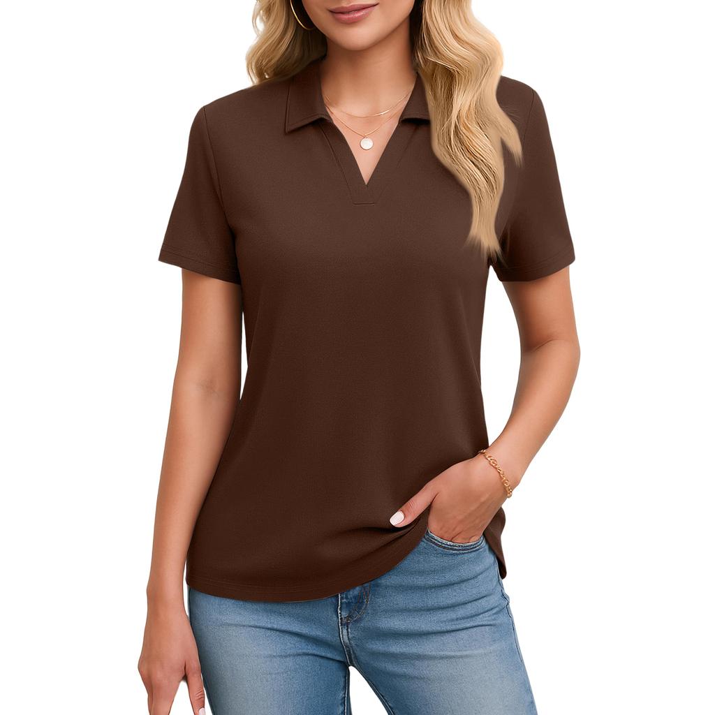Women's Short Sleeves T Shirts Summer V Neck Shirts Collared Casual Basic Tees Blouse