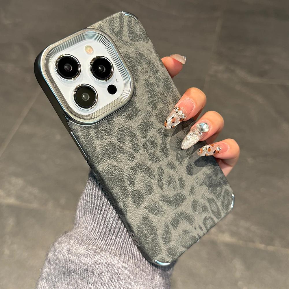 Titanium Gray Leopard Print Pattern Leather Phone Case for iPhone 16 15 14 13 12 11 Pro Max Full Shockproof Hard Bumper Cover