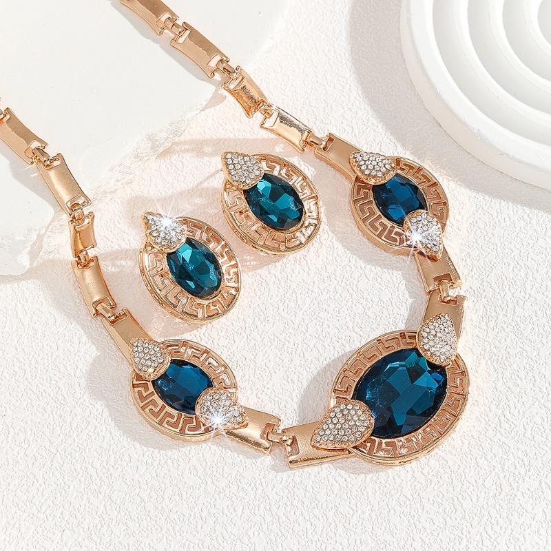 Gold Zinc Alloy with White Rhinestones Blue Crystal Necklace Earrings Set Women's Jewelry