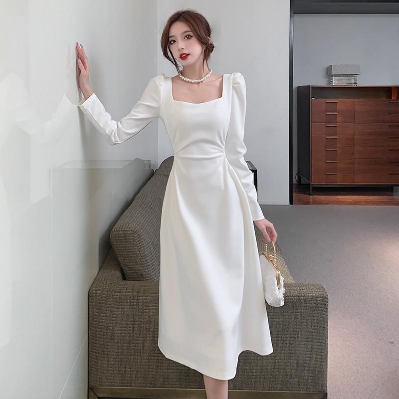 Spring and Autumn French Square Neck White Long Sleeve Dress Women's Clothing Waist Skinny Stunning Temperament A-word Long Dress Women