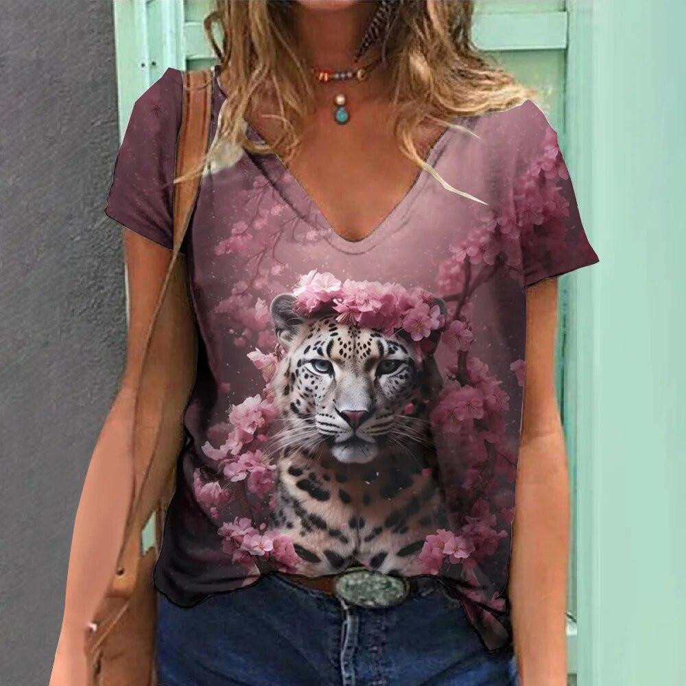 Summer V-neck 3D Animal Pattern Printed Top Fashionable Casual Short Sleeved Women's T-shirts