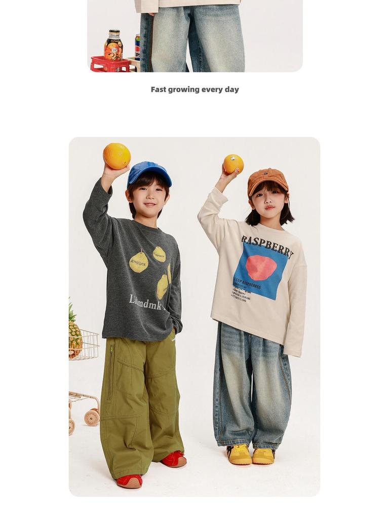 T-shirt da ragazzo 2025 Autunno Larga Stile Coreano con Stampa alla Moda