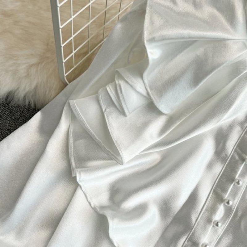 Vintage Solid Blouses Women Elegant Acetate Satin Stand Collar Flare Sleeve Design New Chic Sweet Loose Ruffles Female  Tops