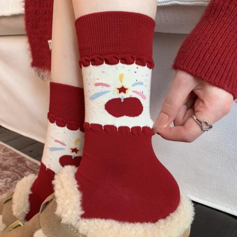 Puppy Cute Polka Dot Cartoon Korean Big Red Season Socks Girls Pile Socks Pure Cotton Mid-Leg Socks Super