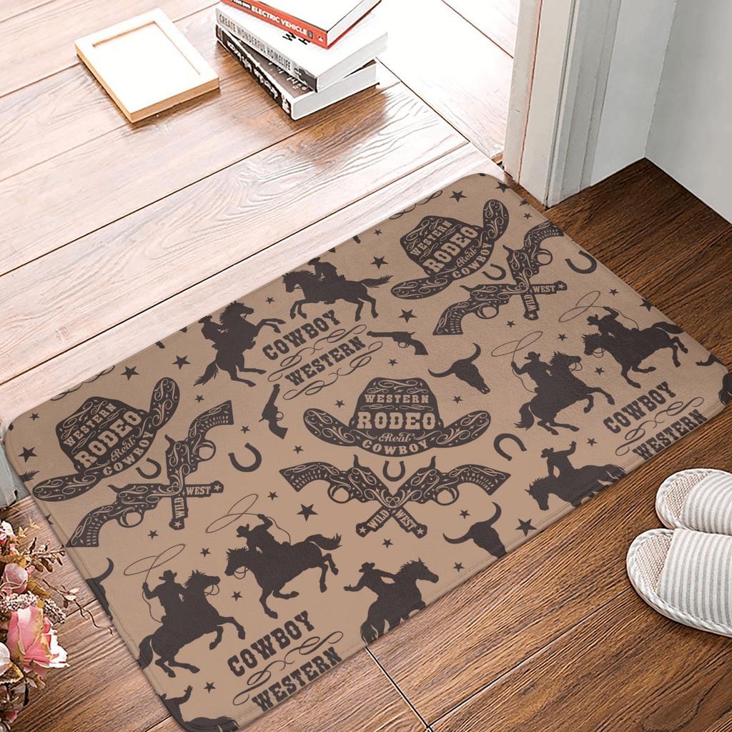 Western Cowboy Rider Pattern Front Door Mat Anti-Slip Indoor Quick Dry Doormat Floor Bathroom Entrance Rug Carpet