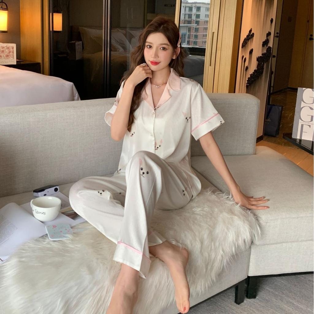 Dames Sommer Komfortabelt Is-silke Loungewear Sett 2 Deler Kortermet Lange Bukser Pyjamassett Casual Trykt Hjemmeklær