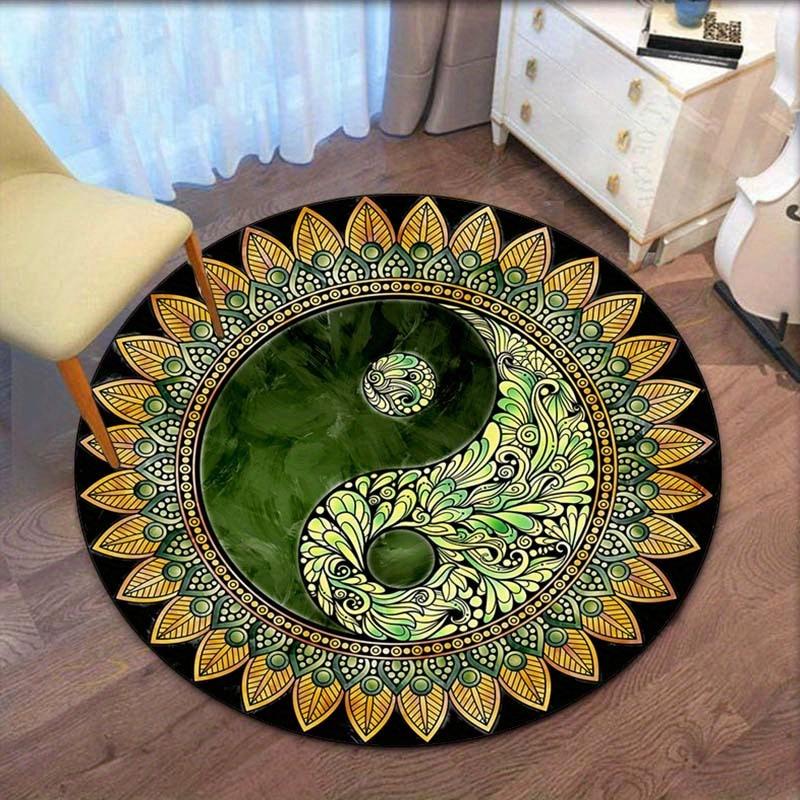 1pc A vibrant Yin Yang Mandala round rug - with its intricate black and yellow pattern, perfect for living room or bedroom decor